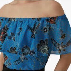 Karen Millen Blue Floral Off-Shoulder Blouse